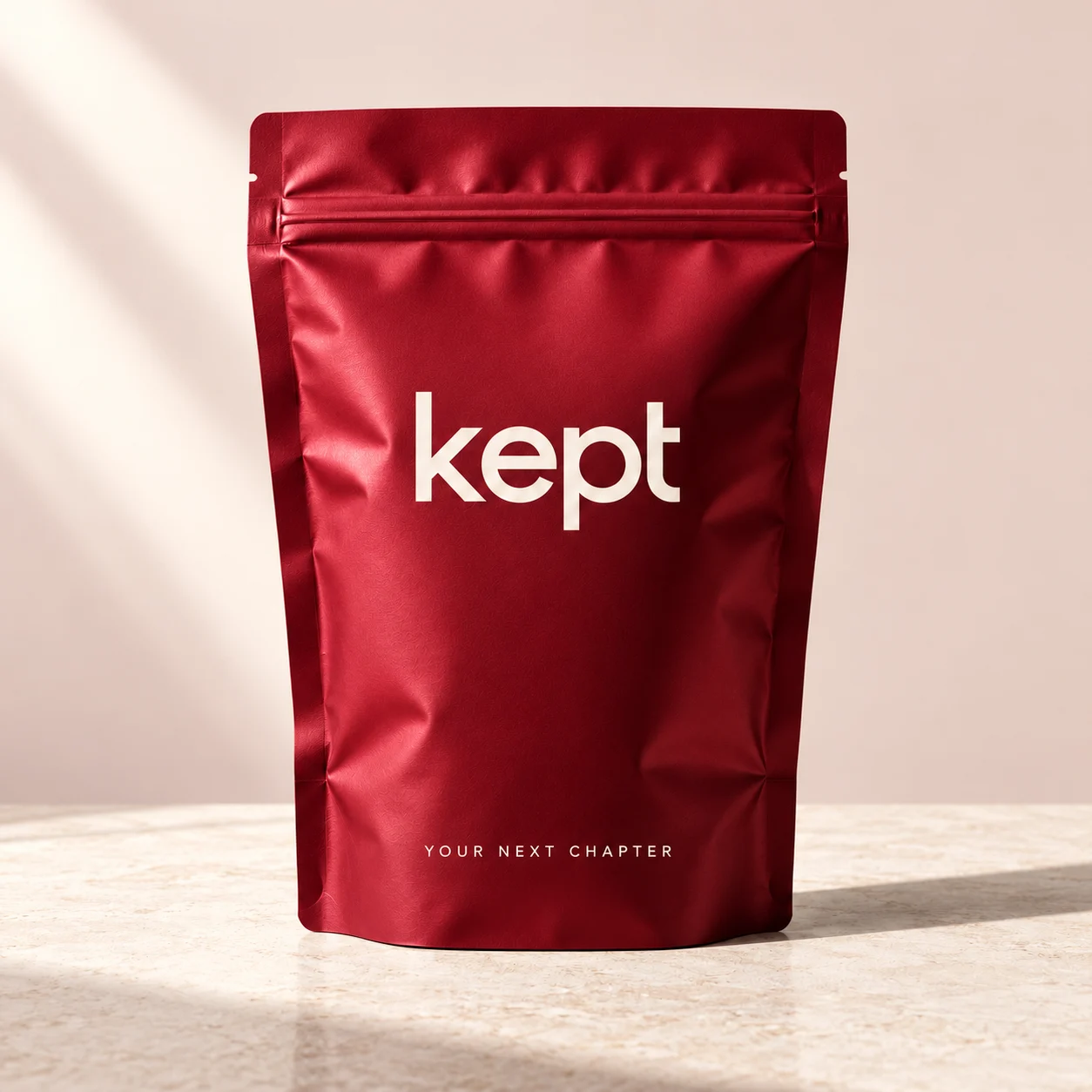 Kept cherry red pouch packaging concept on warm stone