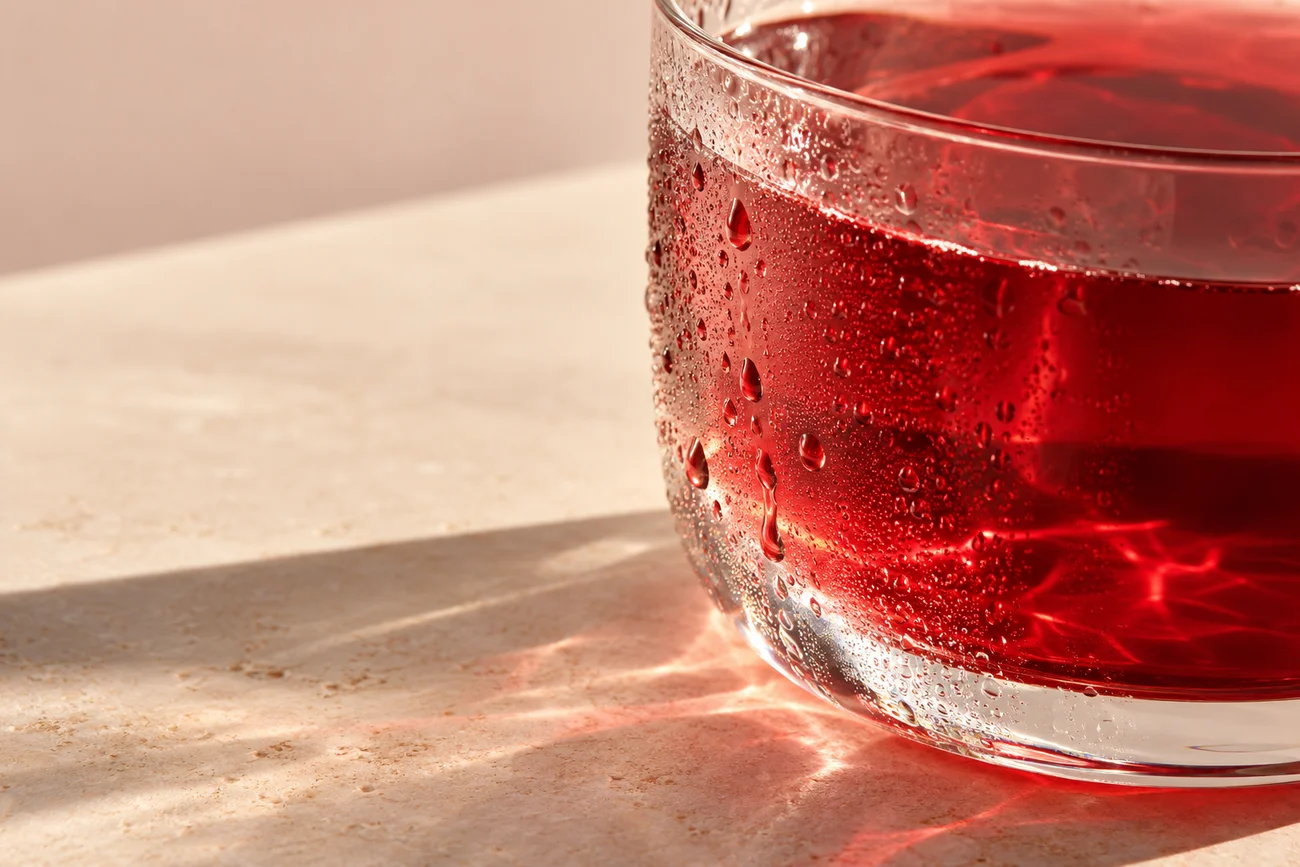 Close-up of condensation on an ice-free ruby red drink, shown as a visual concept